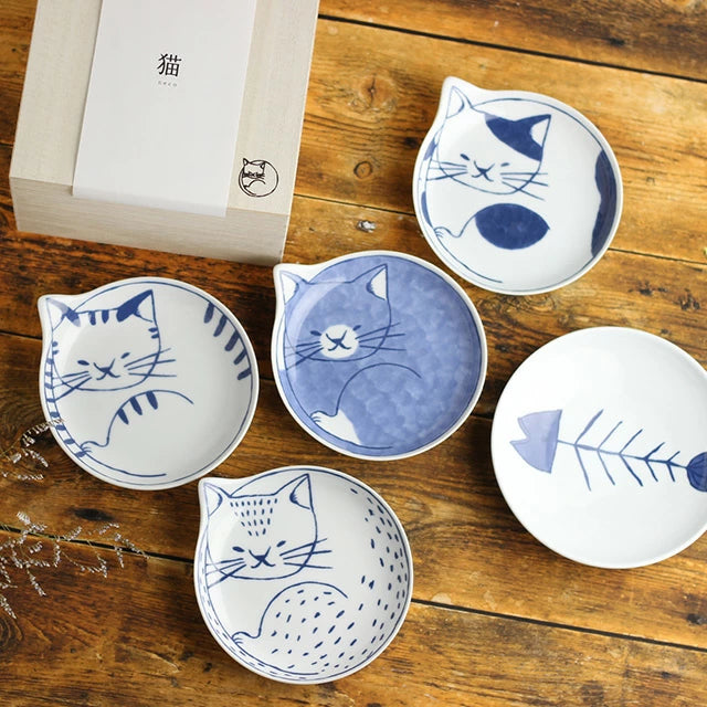 Hasami Yaki(ware) Plate Set of 5pcs - Cat -