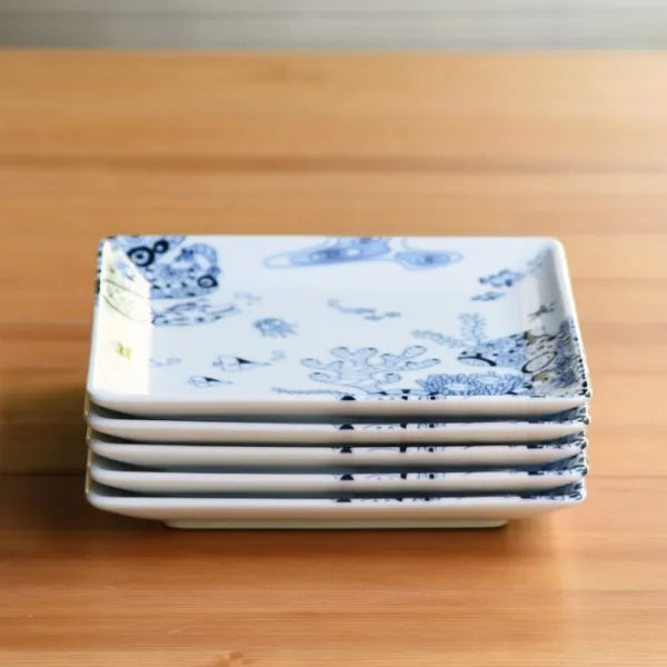 Hasami Yaki(ware) Square Plate Set of 4pcs - Marine Life -, Japanese Hasami ware plate