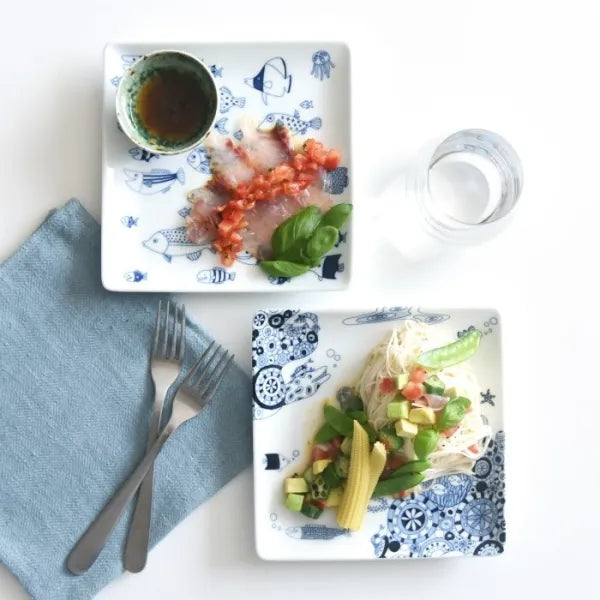 Hasami Yaki(ware) Square Plate Set of 4pcs - Marine Life -, Japanese Hasami ware plate