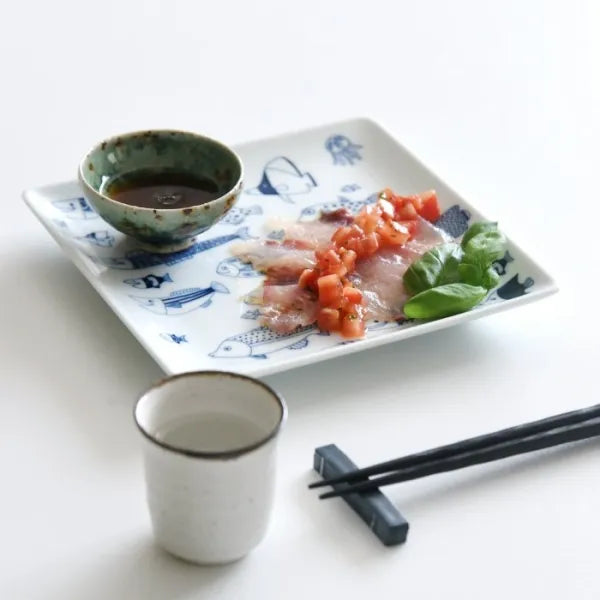 Hasami Yaki(ware) Square Plate Set of 4pcs - Marine Life -, Japanese Hasami ware plate