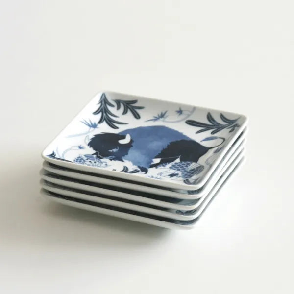 Hasami Yaki(ware) Square Small Plate Set of 5pcs - Animal -, Japanese Hasami ware plate
