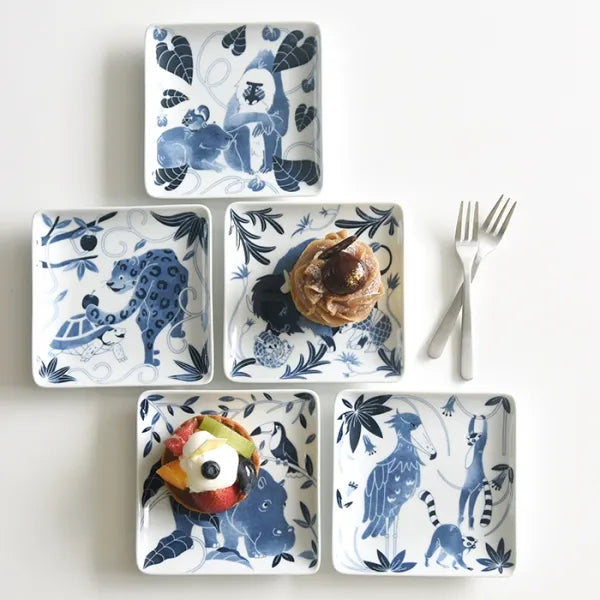 Hasami Yaki(ware) Square Small Plate Set of 5pcs - Animal -, Japanese Hasami ware plate