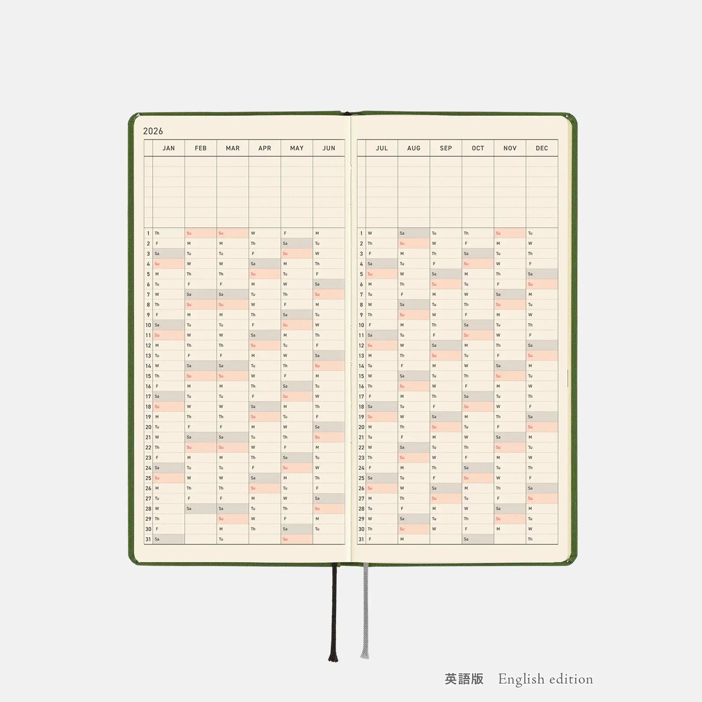 Weeks MEGA, Hobonichi Techo 2026 Colors: Antique Green Weeks Mega Hardcover Book / Weekly Horizontal / Jan start / Mon start - English Edition