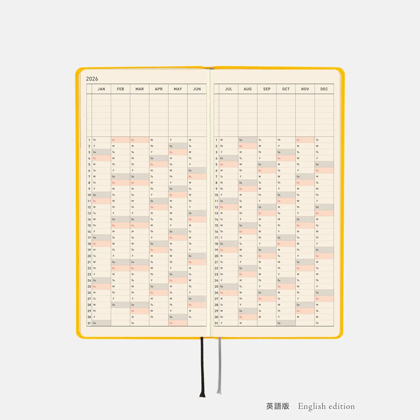 PRE-ORDER Hobonichi Techo 2026 Colors: Full Moon Yellow Weeks Hardcover Book / Weekly Horizontal / Jan start / Mon start - English Edition