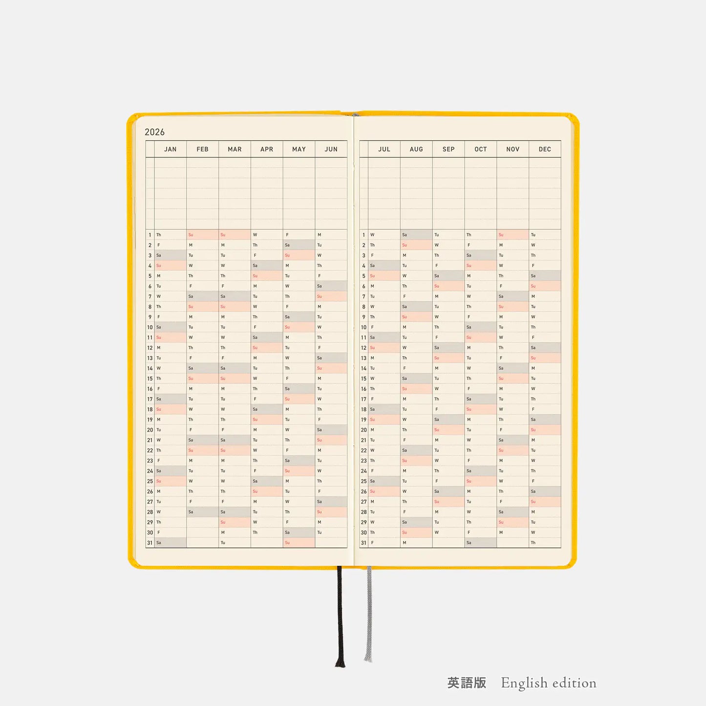 Weeks MEGA, Hobonichi Techo 2026 Colors: Full Moon Yellow Weeks Mega Hardcover Book / Weekly Horizontal / Jan start / Mon start - English Edition