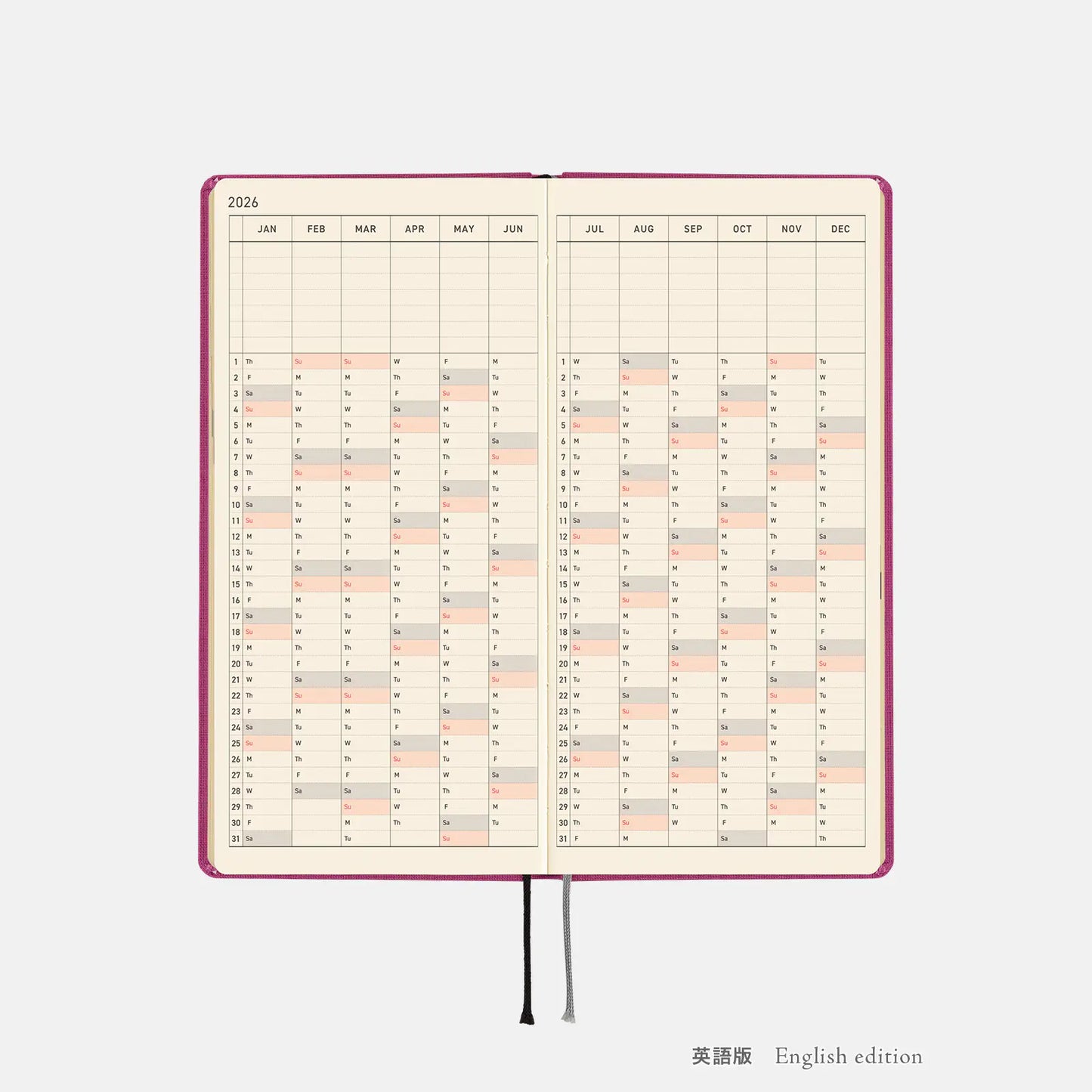 Hobonichi Techo 2026 Colors: Peony Purple Weeks Hardcover Book / Weekly Horizontal / Jan start / Mon start - English Edition