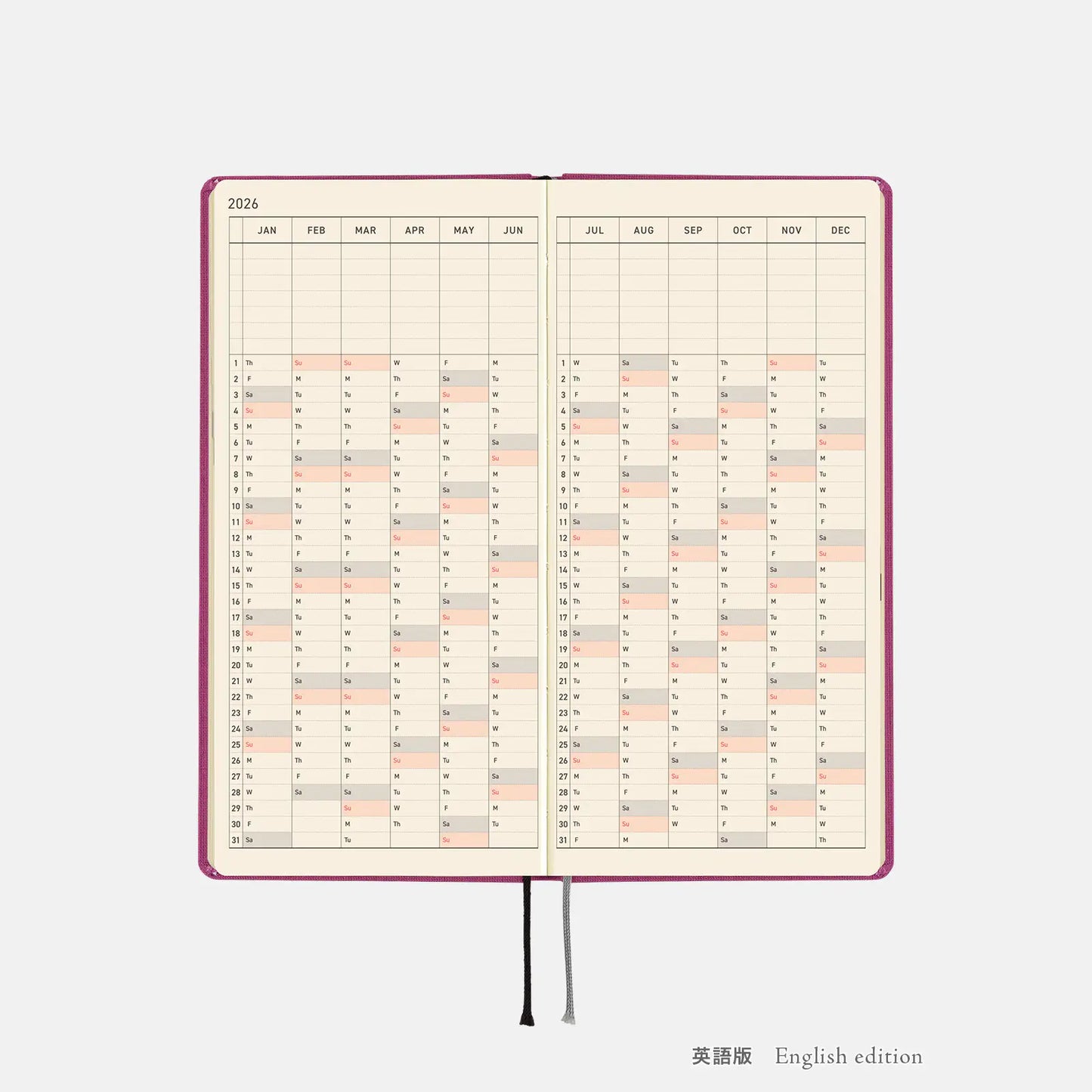 Weeks MEGA, Hobonichi Techo 2026 Colors: Peony Purple Weeks Mega Hardcover Book / Weekly Horizontal / Jan start / Mon start - English Edition