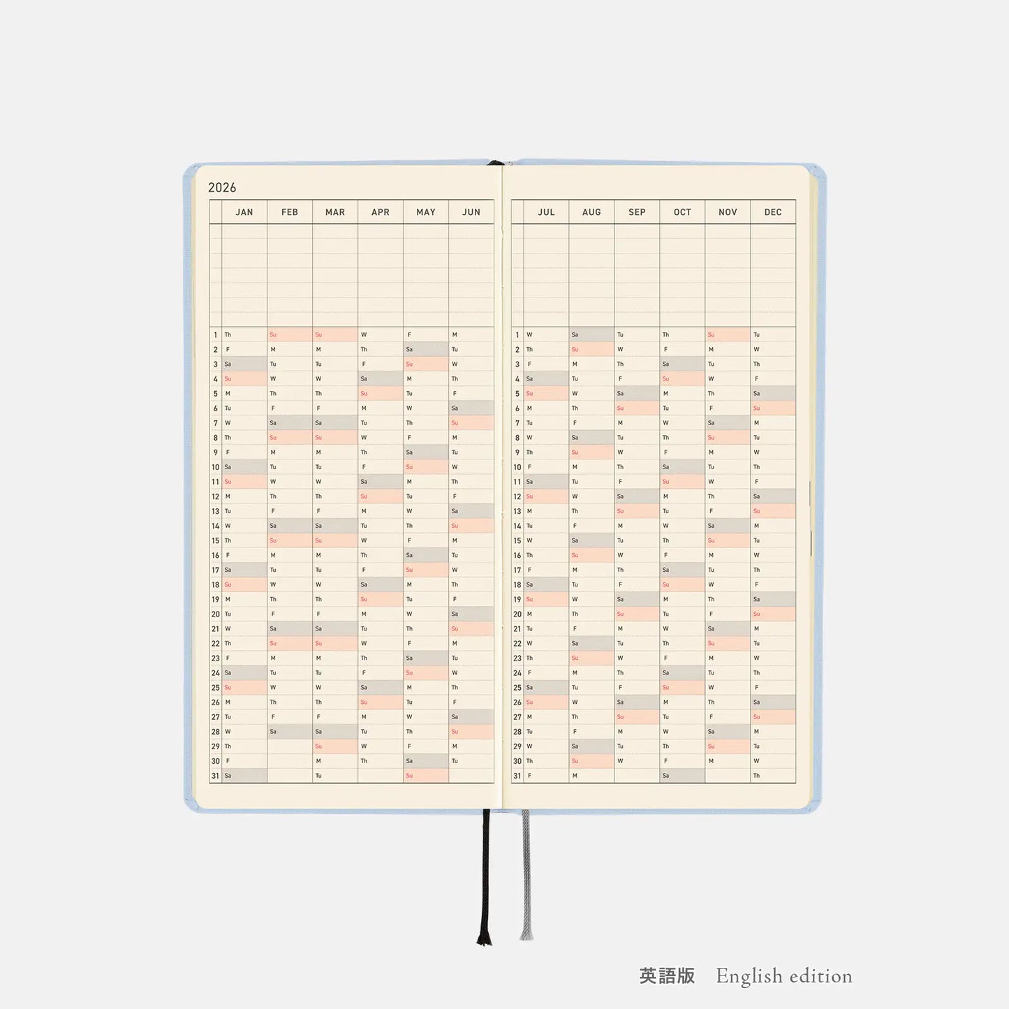 Hobonichi Techo 2026 Colors: Sky Mist Weeks Hardcover Book / Weekly Horizontal / Jan start / Mon start - English Edition