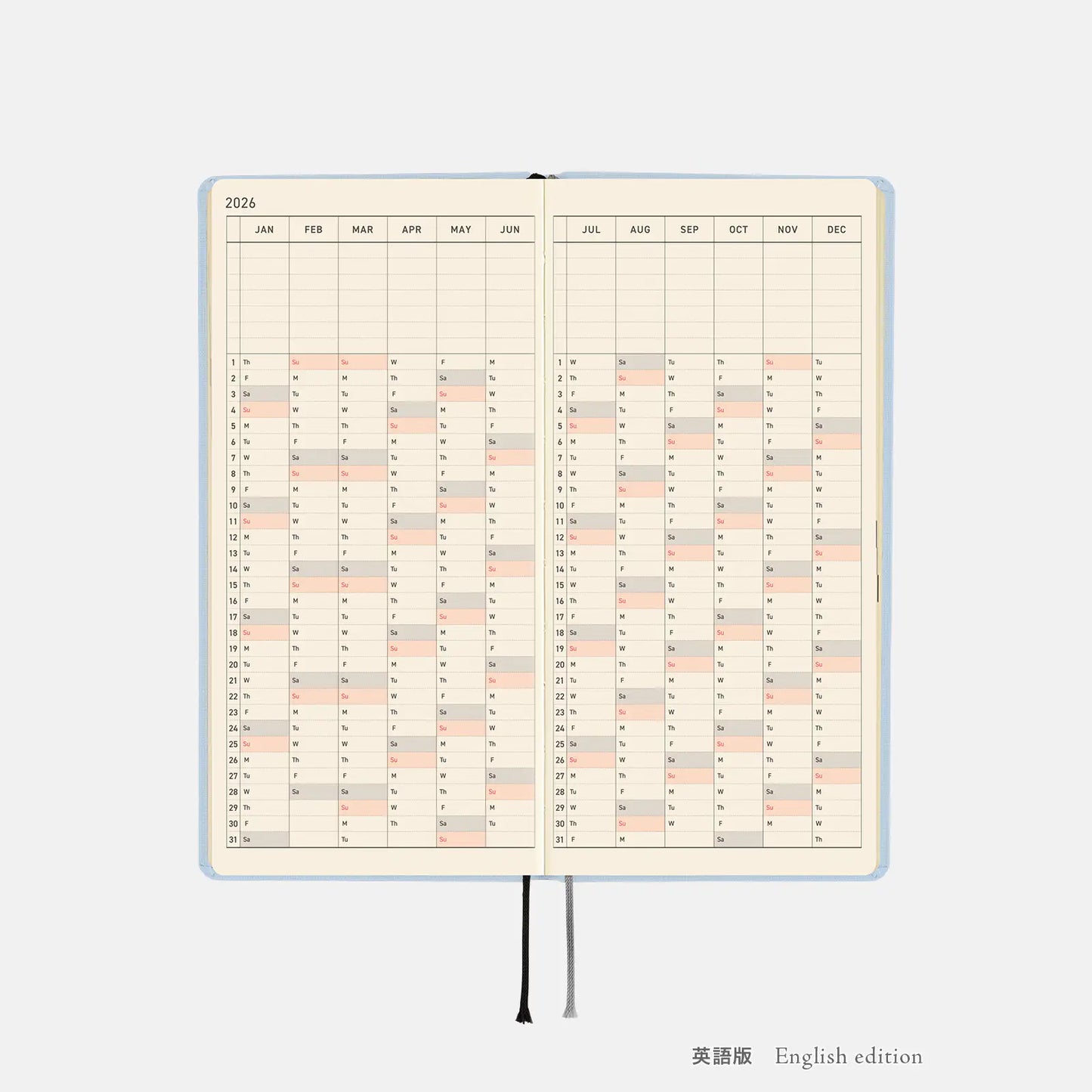 PRE-ORDER Weeks MEGA, Hobonichi Techo 2026 Colors: Sky Mist Weeks Mega Hardcover Book / Weekly Horizontal / Jan start / Mon start - English Edition