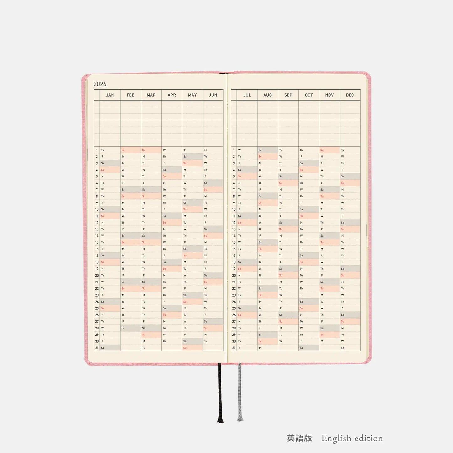 Hobonichi Techo 2026 Colors: Strawberry Milk Weeks Hardcover Book / Weekly Horizontal / Jan start / Mon start - English Edition