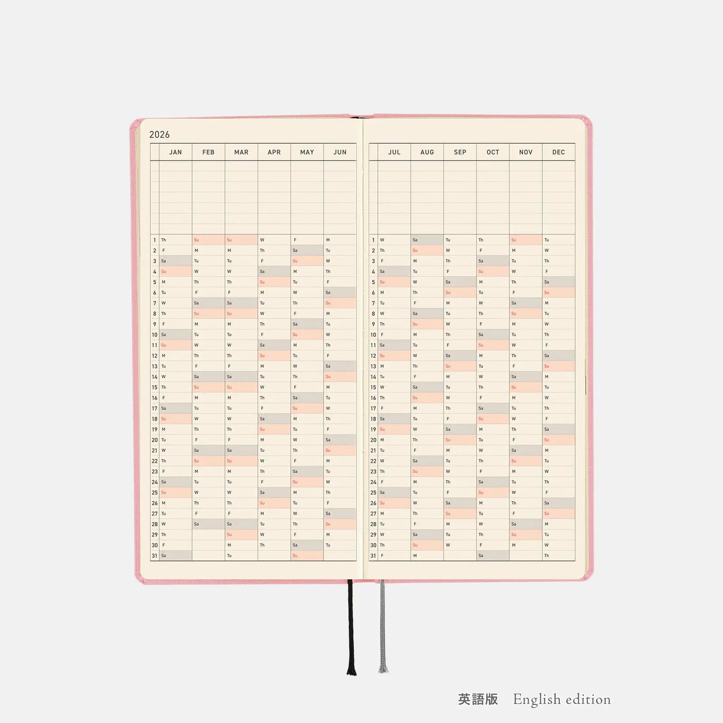 Weeks MEGA, Hobonichi Techo 2026 Colors: Strawberry Milk Weeks Mega Hardcover Book / Weekly Horizontal / Jan start / Mon start - English Edition