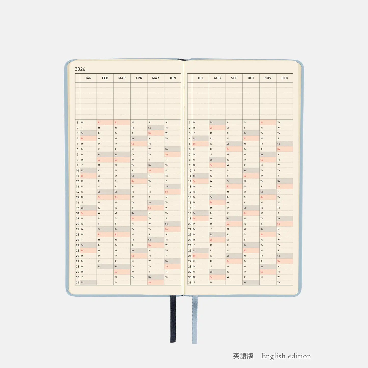 Hobonichi Techo 2026 Leather: Snow Blue Weeks Hardcover Book / Weekly Horizontal / Jan start / Mon start - English Edition