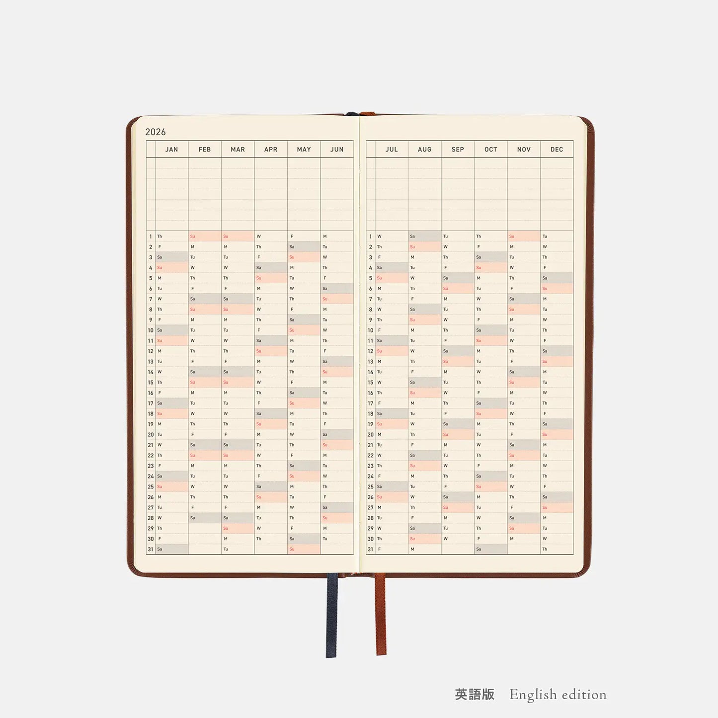 Hobonichi Techo 2026 Leather: Wine Brown Weeks Hardcover Book / Weekly Horizontal / Jan start / Mon start - English Edition