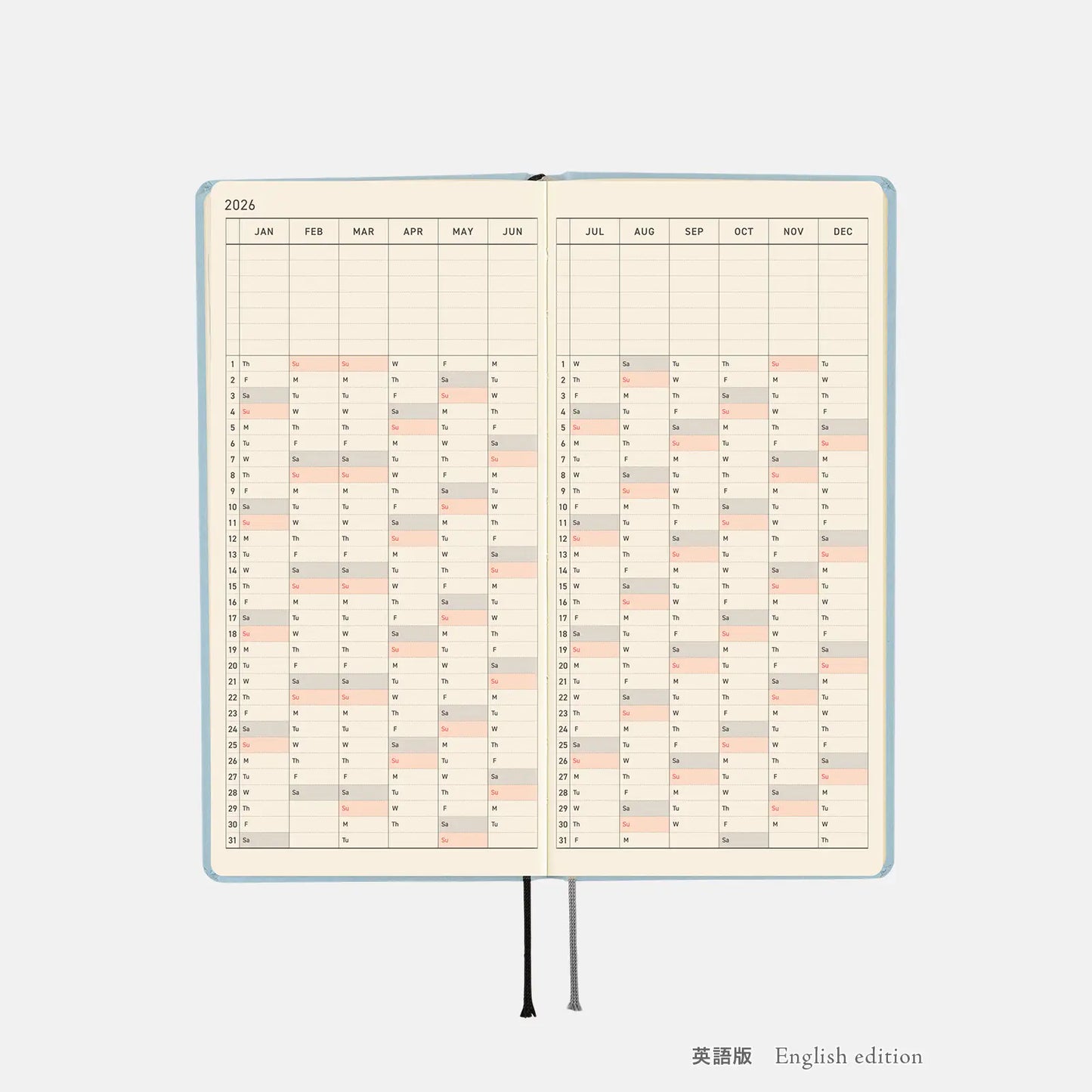 Hobonichi Techo 2026 Paper Series: Sky Weeks Hardcover Book / Weekly Horizontal / Jan start / Mon start - English Edition