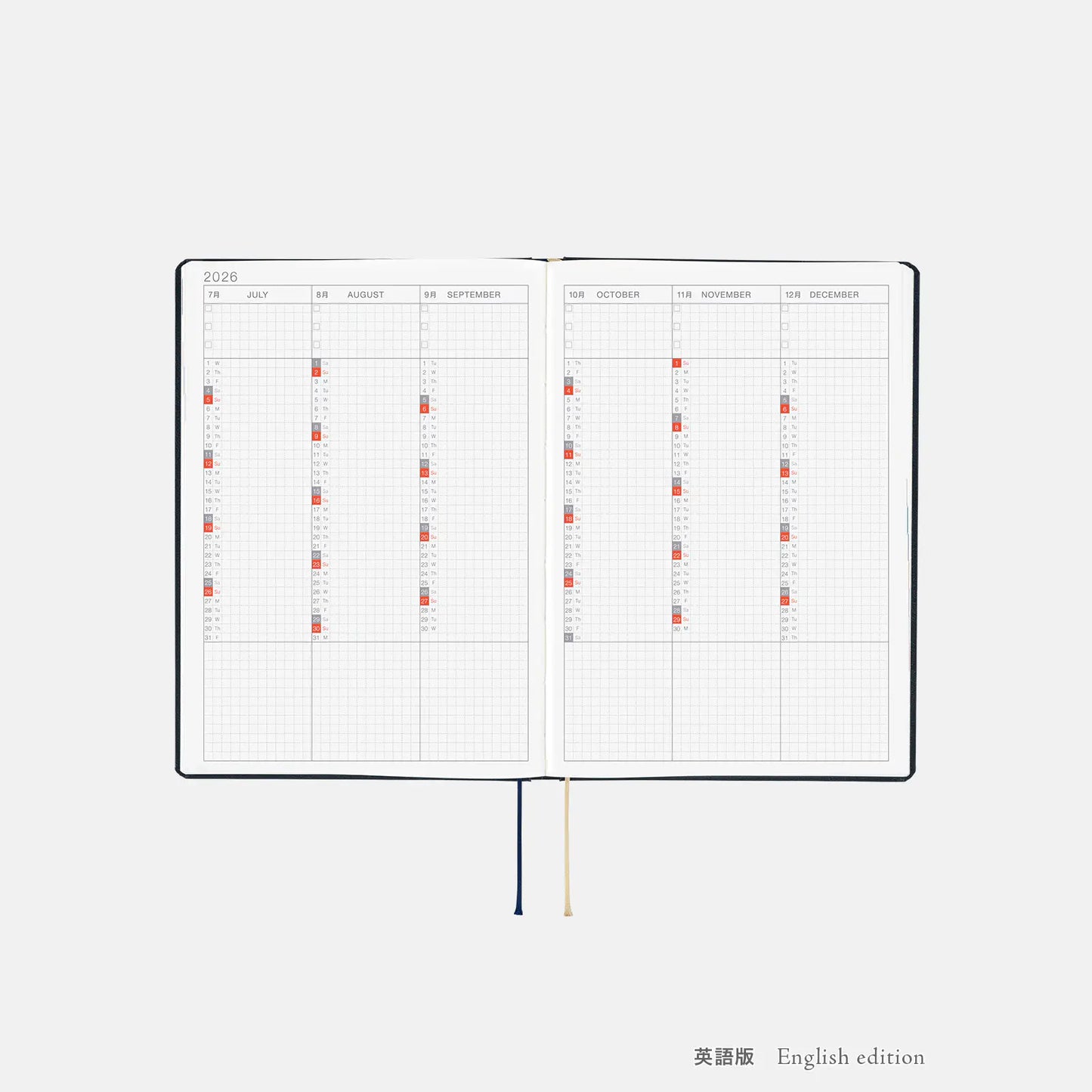 PRE-ORDER Hobonichi Techo 2026 Slash (Navy) HON  / A5 Size / Daily / Jan start / Mon start - English Edition