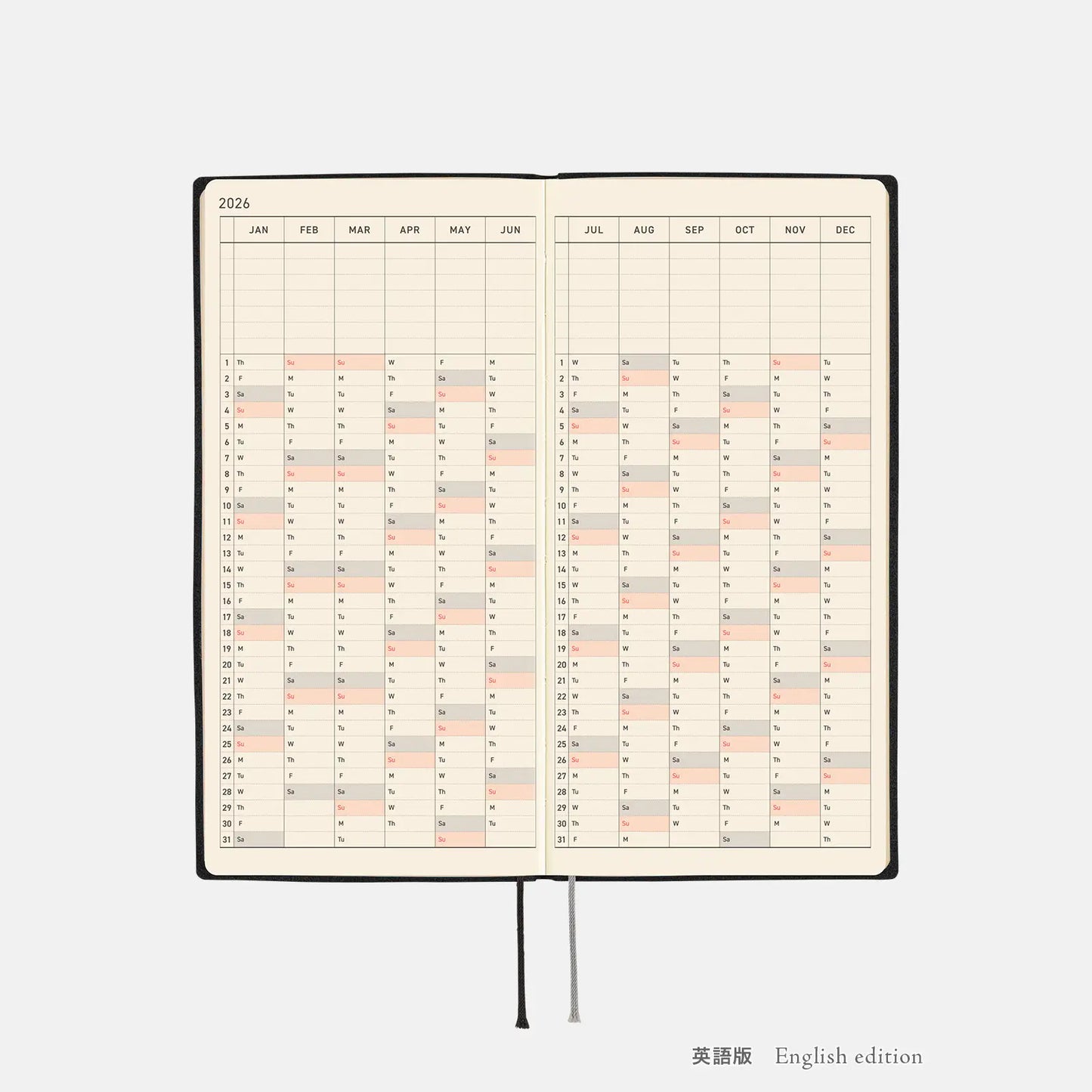 Hobonichi Techo 2026 White Line: Black Weeks Softcover Book / Weekly Horizontal / Jan start / Mon start - English Edition