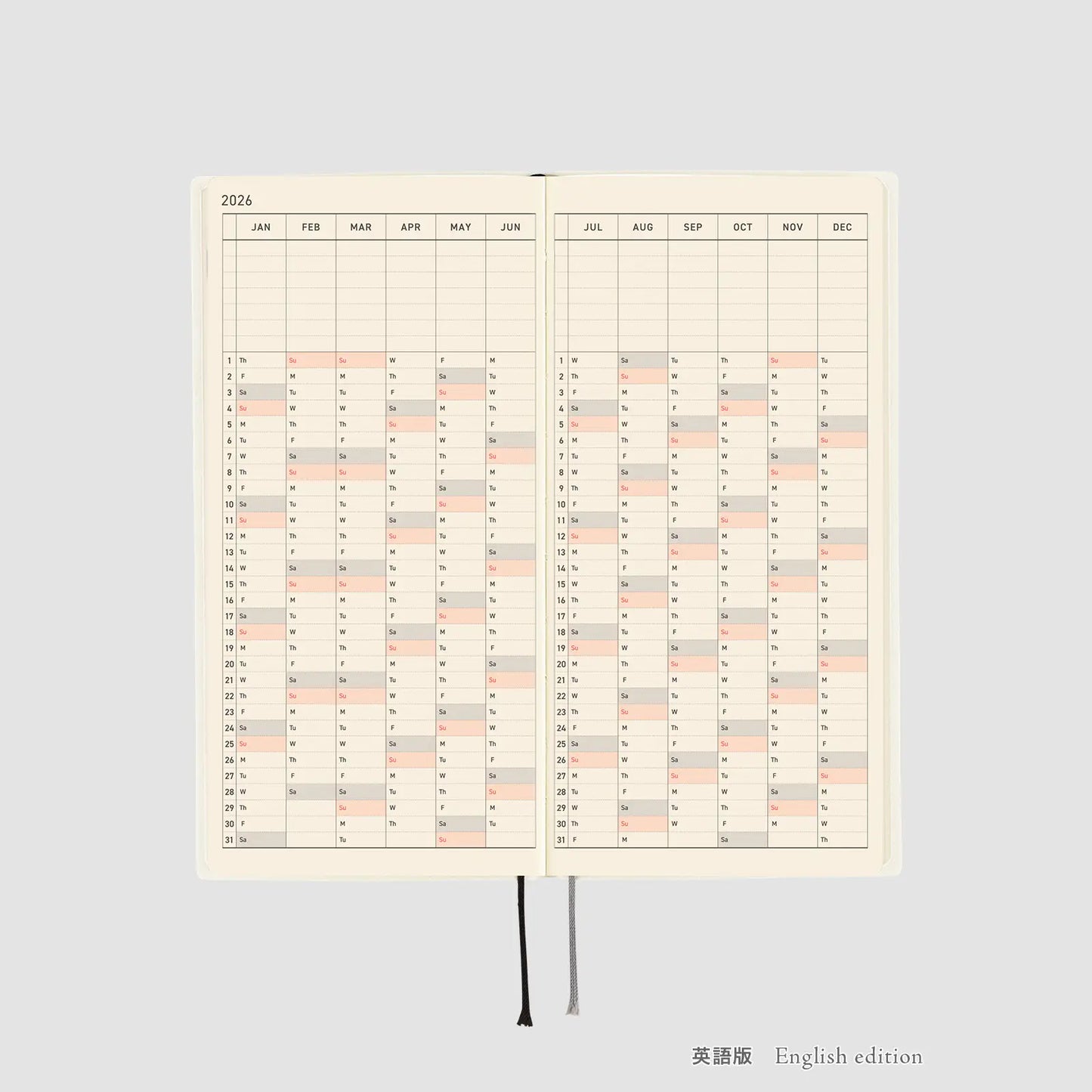 Hobonichi Techo 2026 White Line: Ivory Weeks Softcover Book / Weekly Horizontal / Jan start / Mon start - English Edition