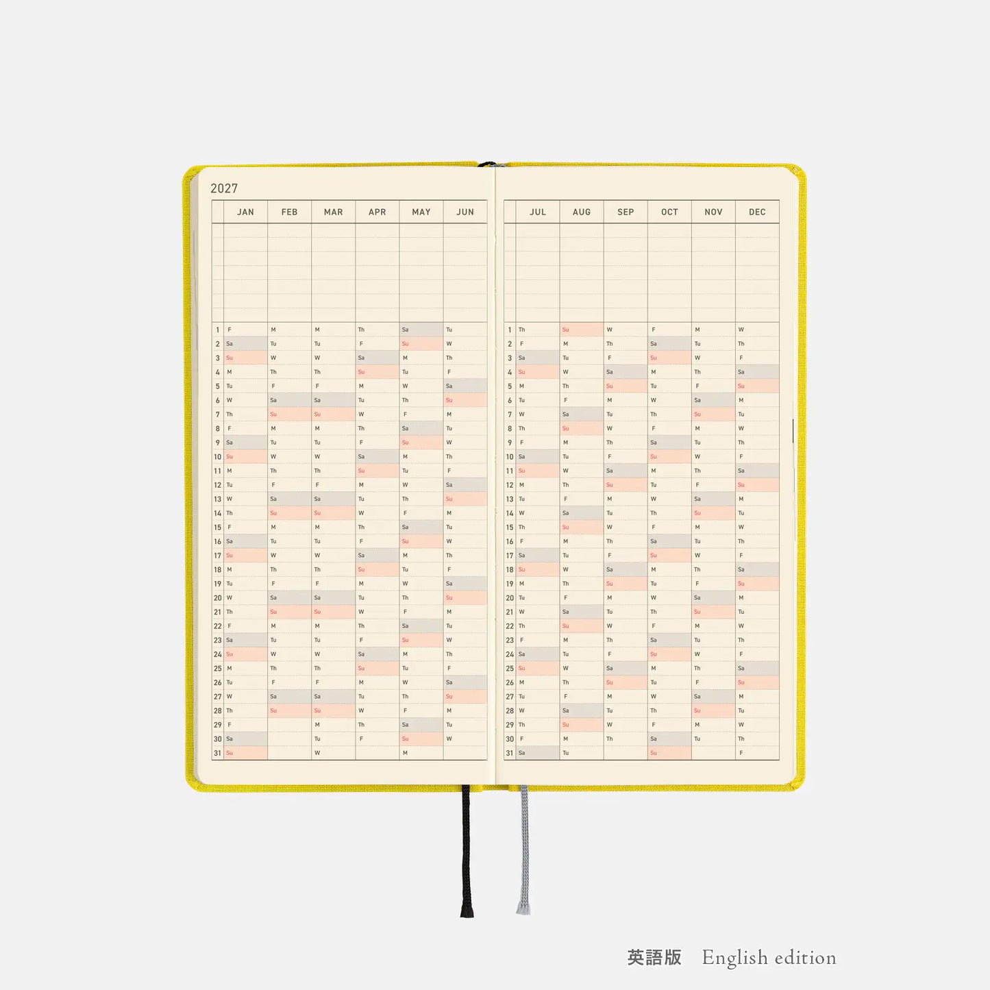 Weeks MEGA, Hobonichi Techo 2027 Colors: Canaria Yellow Weeks Mega Hardcover Book / Weekly Horizontal / Jan start / Mon start - English Edition