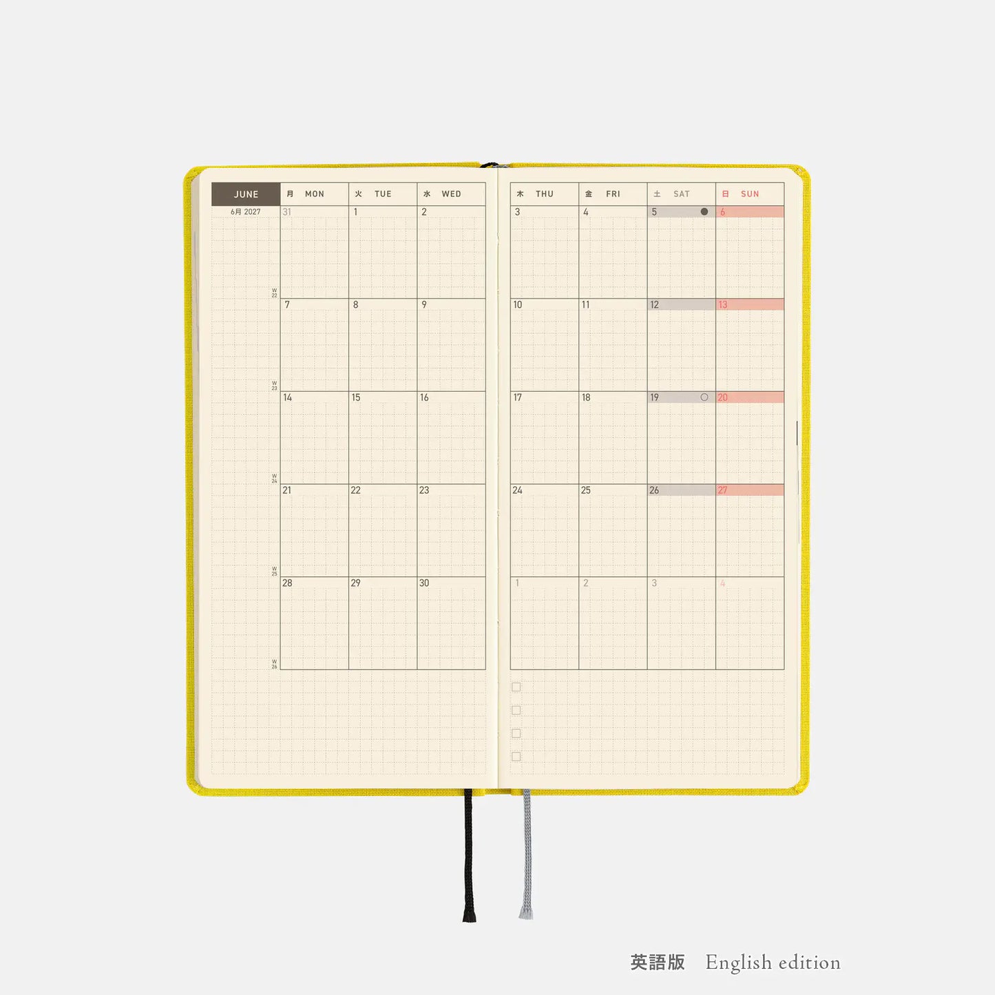 Weeks MEGA, Hobonichi Techo 2027 Colors: Canaria Yellow Weeks Mega Hardcover Book / Weekly Horizontal / Jan start / Mon start - English Edition
