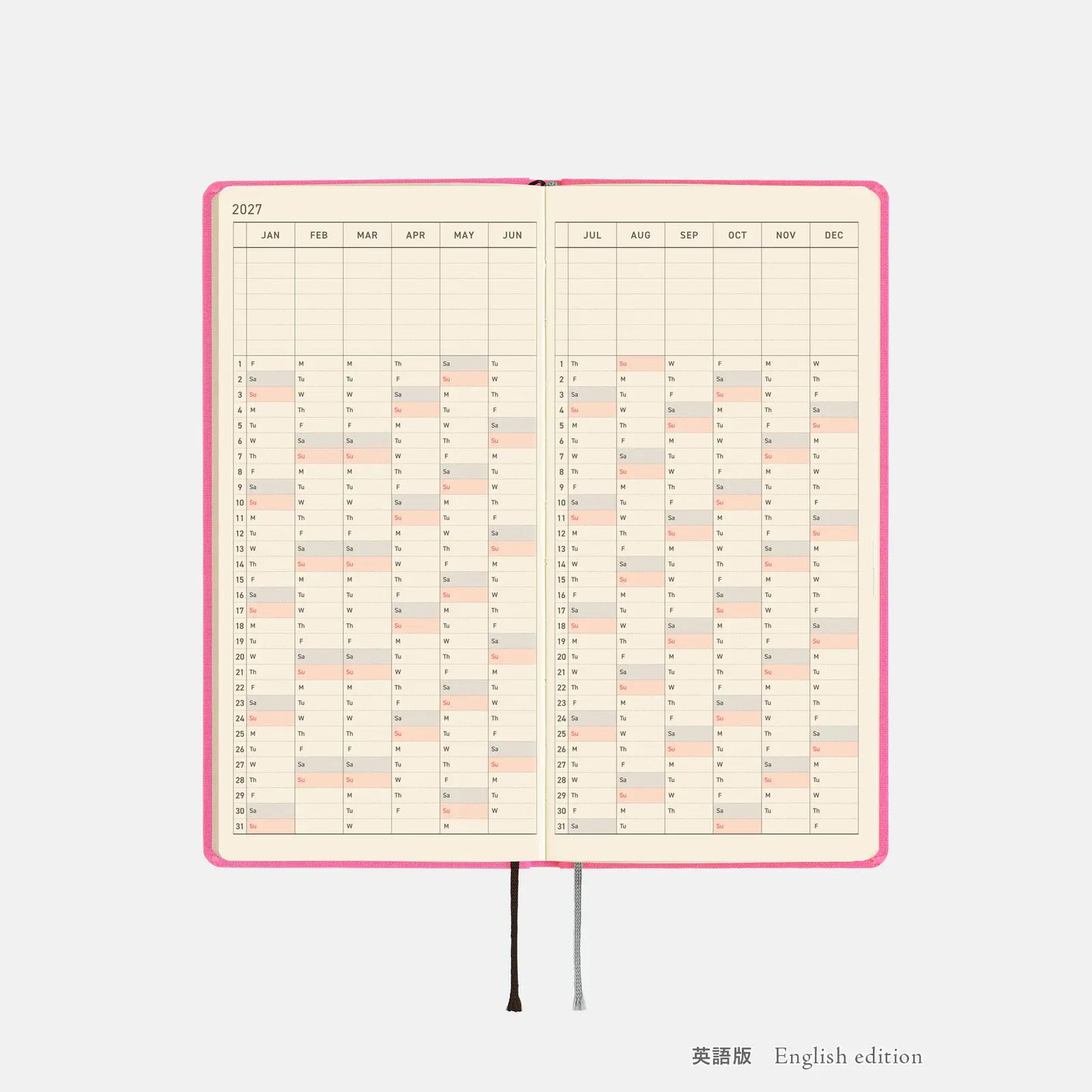 Hobonichi Techo 2027 Colors: Pink Sapphire Weeks Mega Hardcover Book / Weekly Horizontal / Jan start / Mon start - English Edition