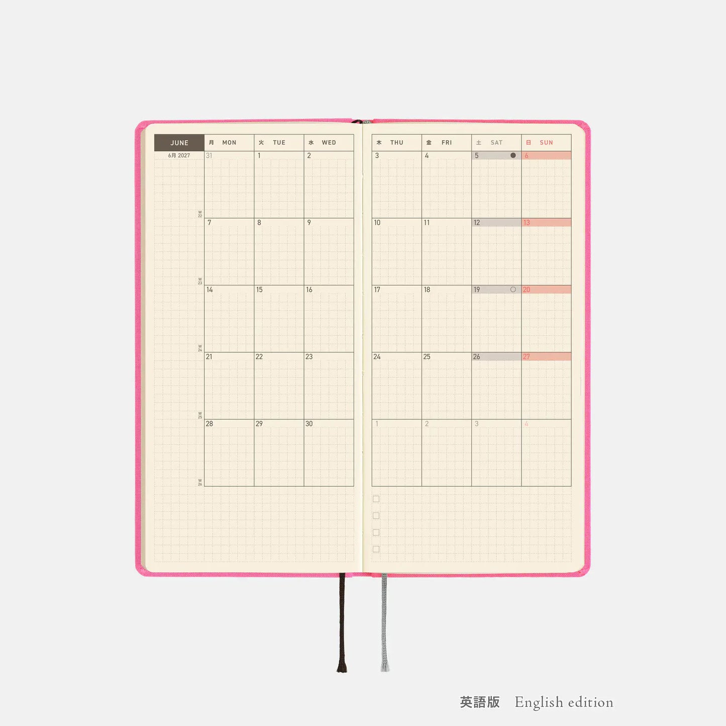 Hobonichi Techo 2027 Colors: Pink Sapphire Weeks Mega Hardcover Book / Weekly Horizontal / Jan start / Mon start - English Edition