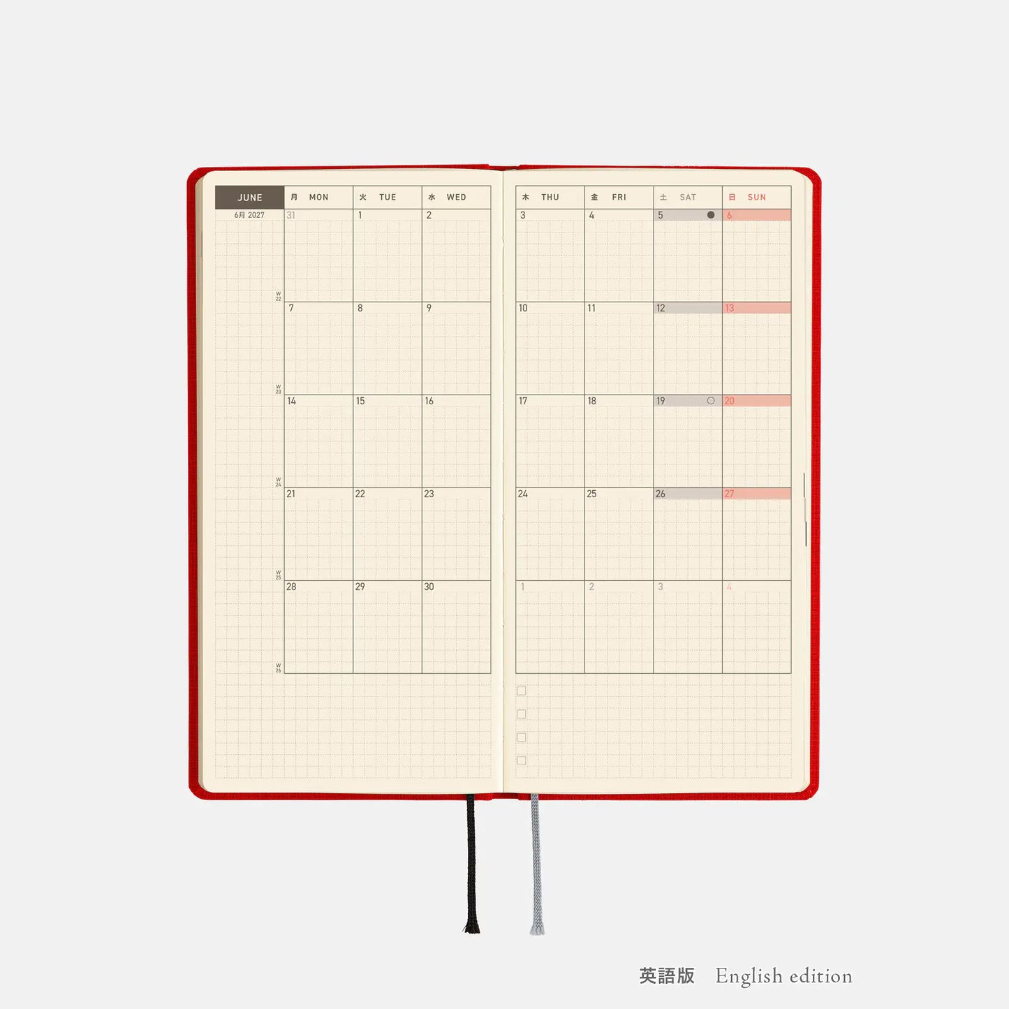 Hobonichi Techo 2027 Colors: Poppy Red Weeks Hardcover Book / Weekly Horizontal / Jan start / Mon start - English Edition