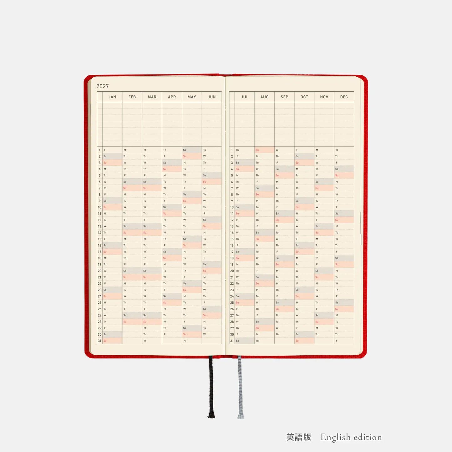 Weeks MEGA, Hobonichi Techo 2027 Colors: Poppy Red Weeks Mega Hardcover Book / Weekly Horizontal / Jan start / Mon start - English Edition