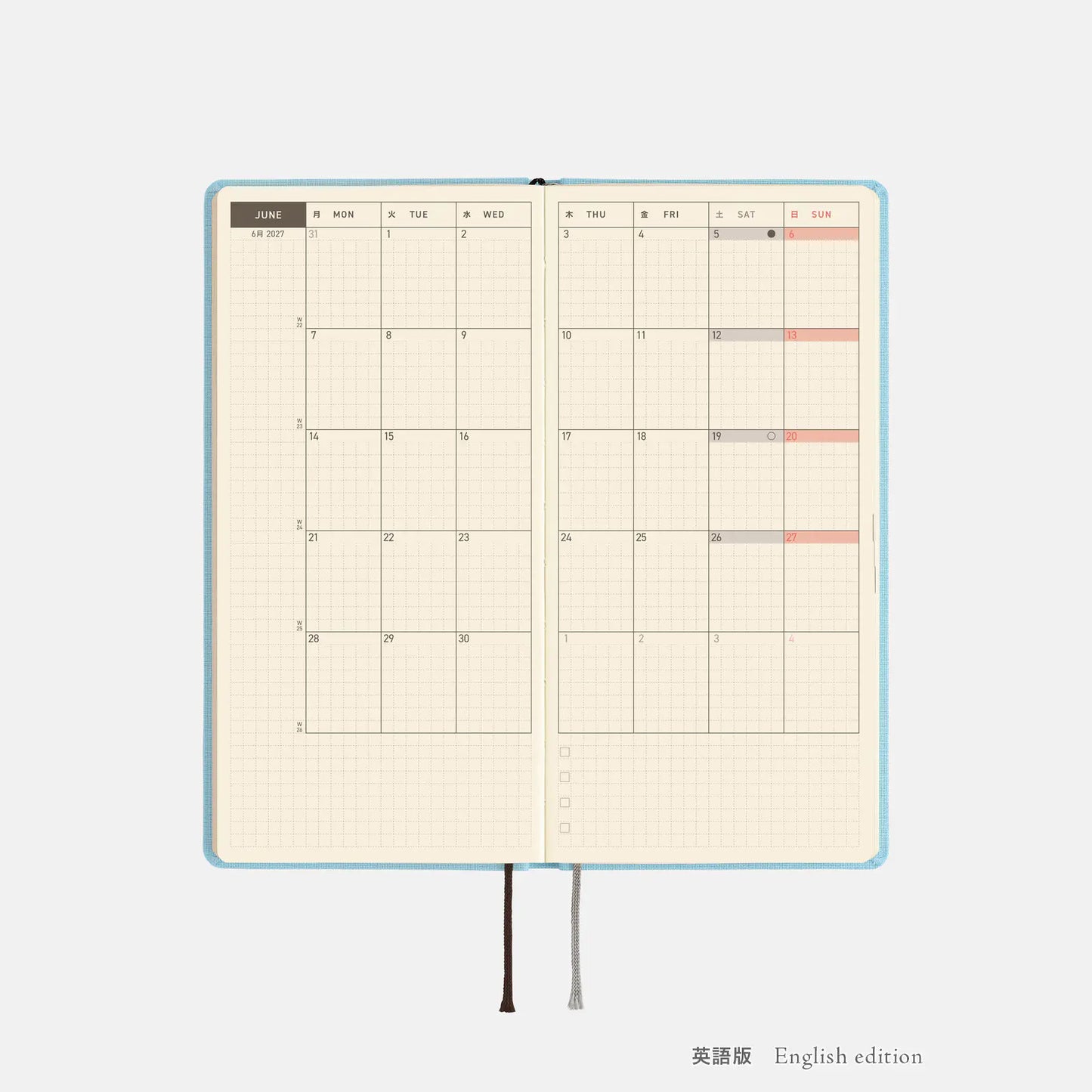 Weeks MEGA, Hobonichi Techo 2027 Colors: Sea Glass Weeks Mega Hardcover Book / Weekly Horizontal / Jan start / Mon start - English Edition