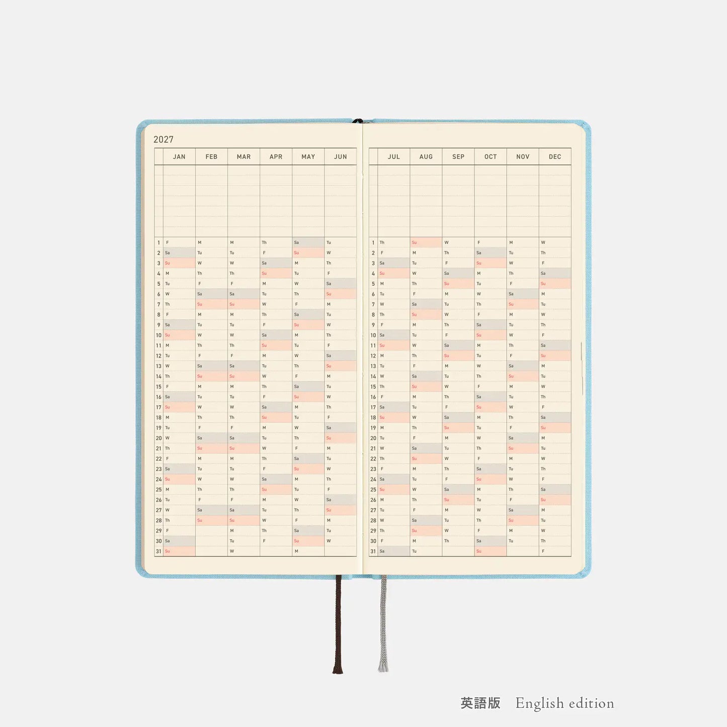 Weeks MEGA, Hobonichi Techo 2027 Colors: Sea Glass Weeks Mega Hardcover Book / Weekly Horizontal / Jan start / Mon start - English Edition