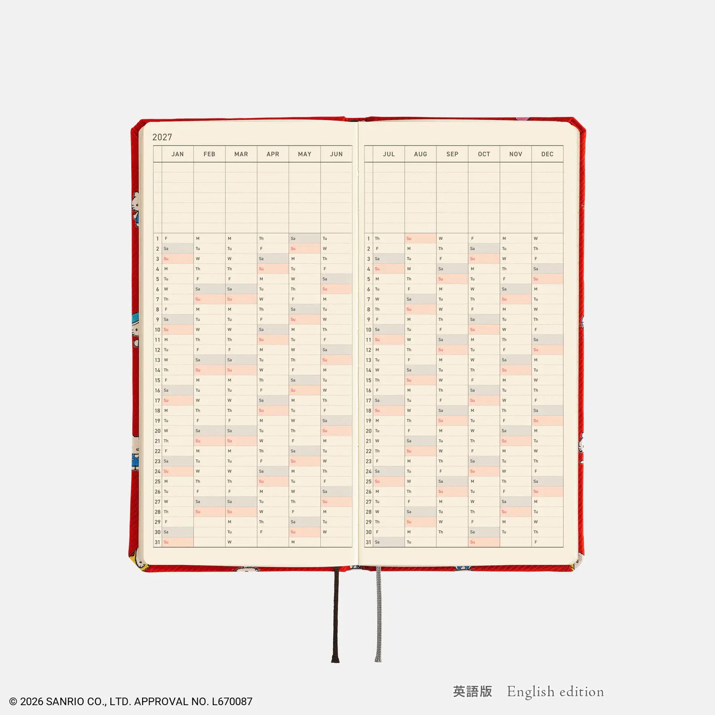 Hobonichi Techo 2027 Hello Kitty: Friends with my Techo Weeks Hardcover Book / Weekly Horizontal / Jan start / Mon start - English Edition