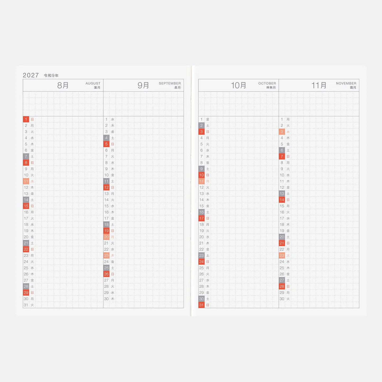 Hobonichi Techo 2027 Japanese Day-Free Book A6 size / Monthly / Jan start / Mon start