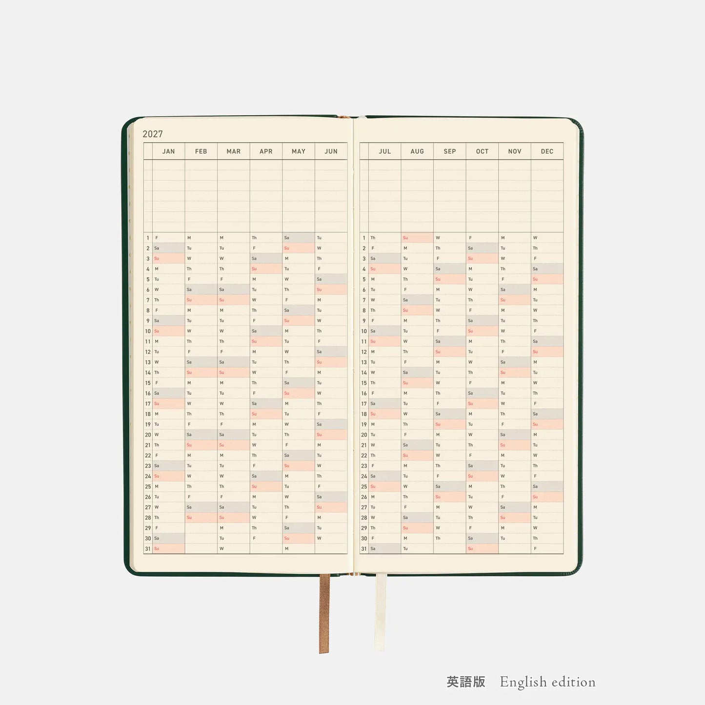 Hobonichi Techo 2027 Leather: Forest Green Weeks Hardcover Book / Weekly Horizontal / Jan start / Mon start - English Edition