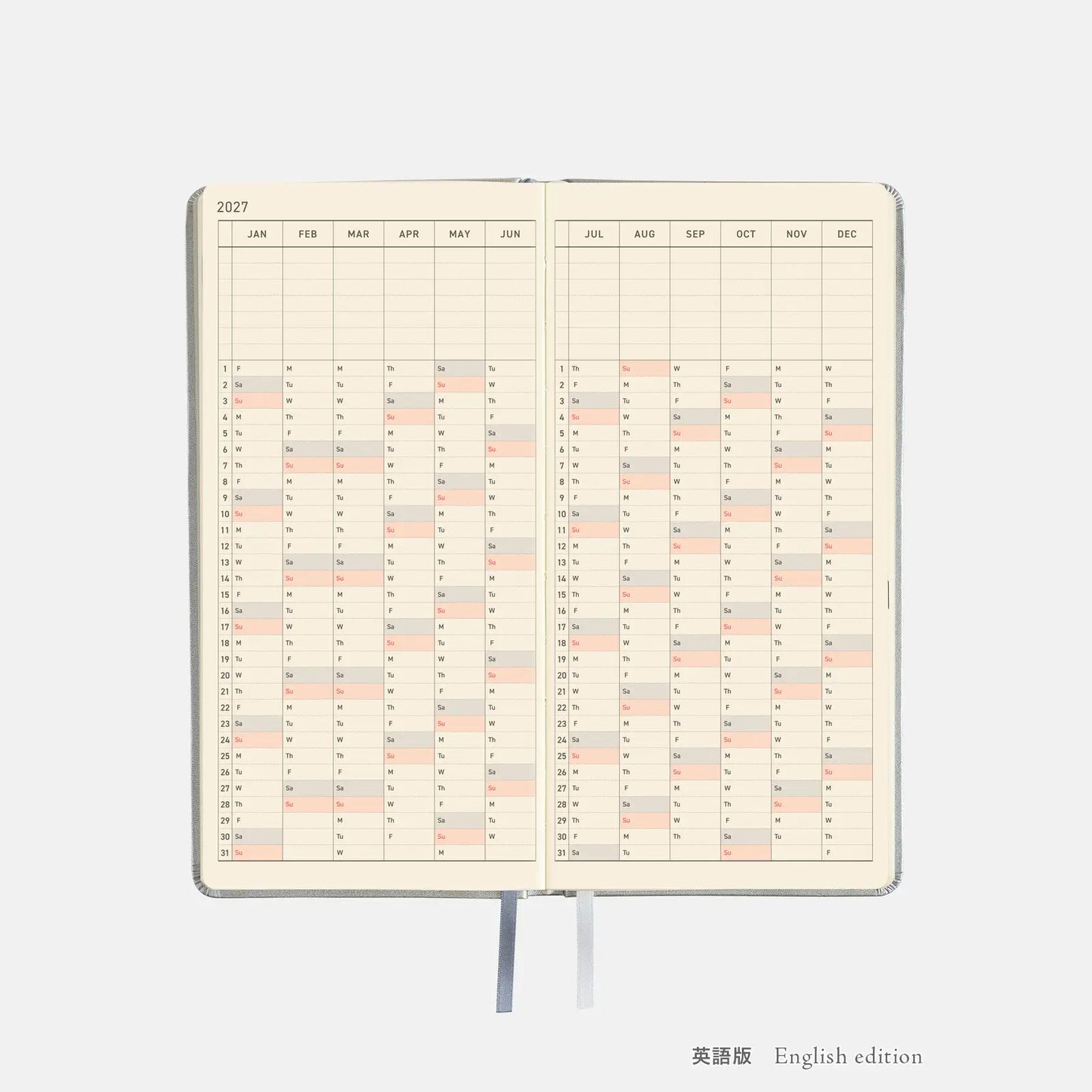 Hobonichi Techo 2027 Leather: Noble Silver Weeks Hardcover Book / Weekly Horizontal / Jan start / Mon start - English Edition