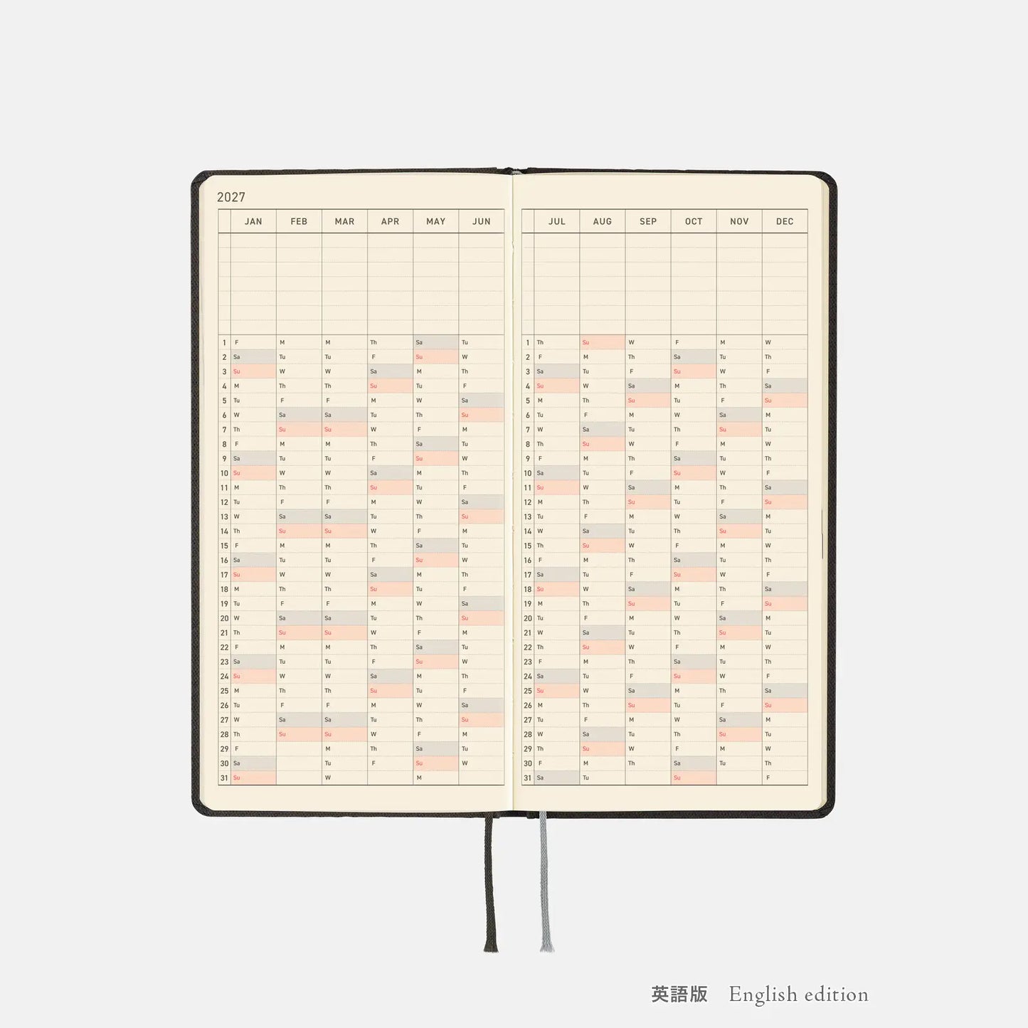 Hobonichi Techo 2027 Paper Series: Black Argyle Weeks Hardcover Book / Weekly Horizontal / Jan start / Mon start - English Edition
