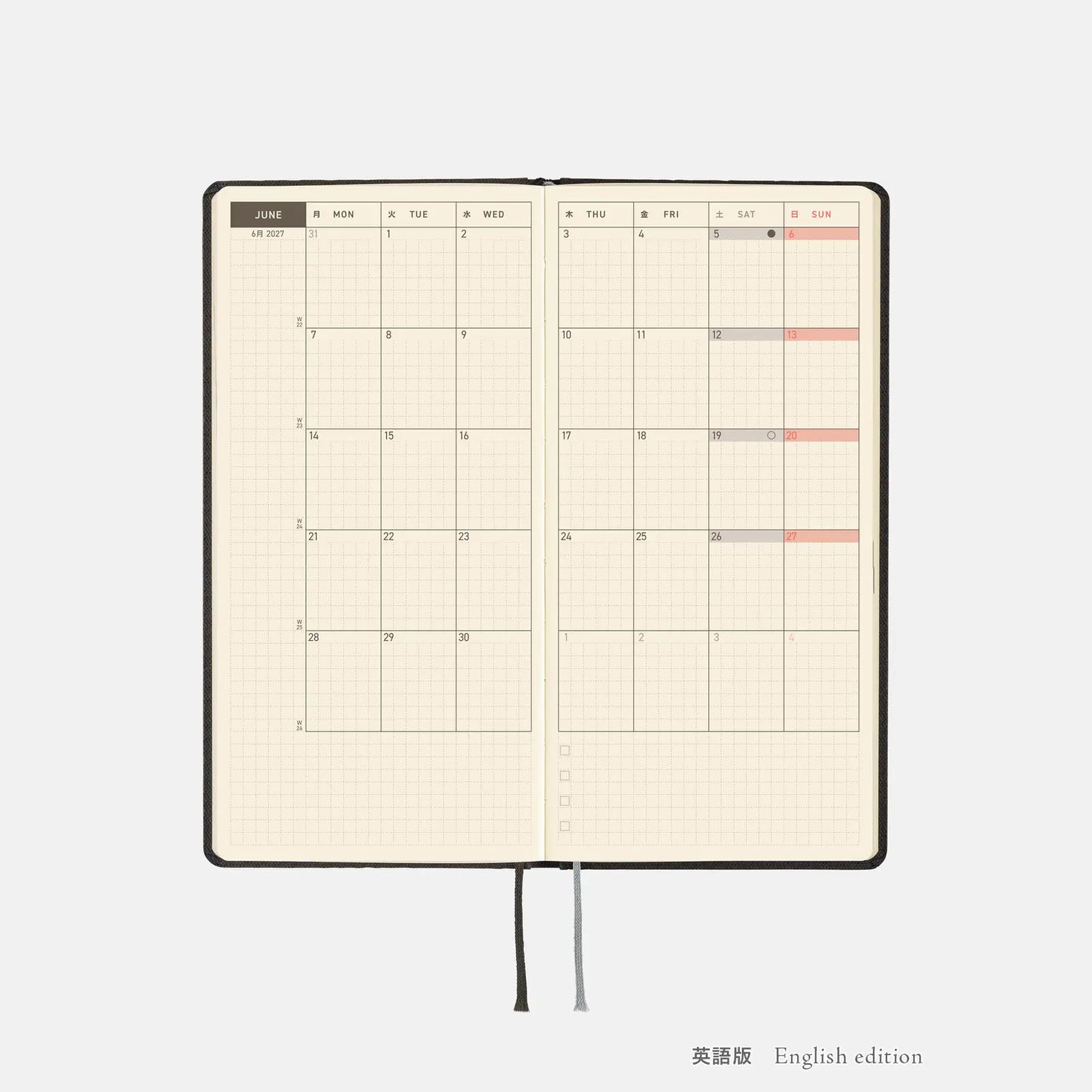Hobonichi Techo 2027 Paper Series: Black Argyle Weeks Hardcover Book / Weekly Horizontal / Jan start / Mon start - English Edition