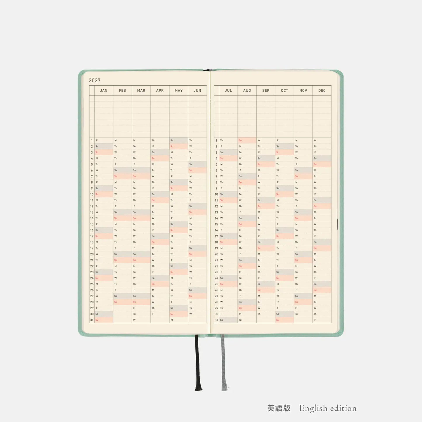 Hobonichi Techo 2027 Paper Series: Frosty Jade Weeks Hardcover Book / Weekly Horizontal / Jan start / Mon start - English Edition