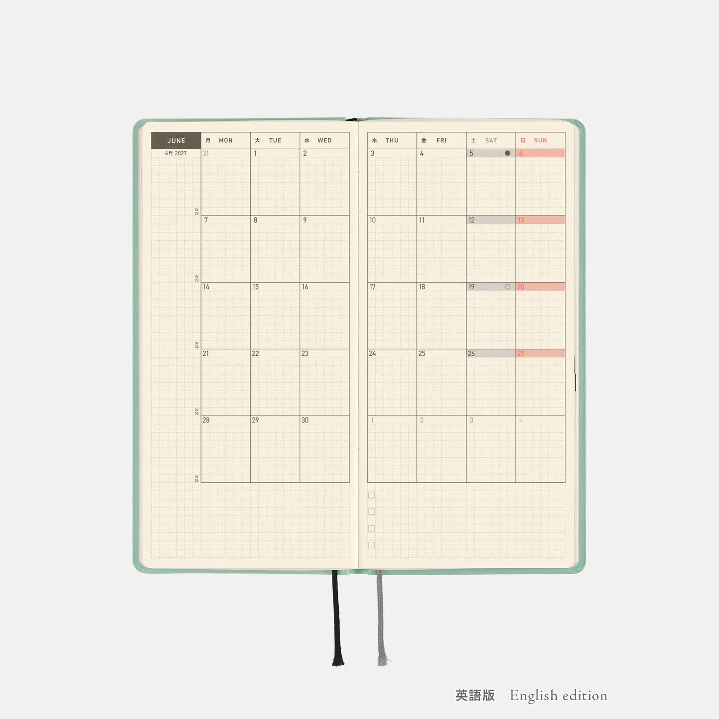 Hobonichi Techo 2027 Paper Series: Frosty Jade Weeks Hardcover Book / Weekly Horizontal / Jan start / Mon start - English Edition