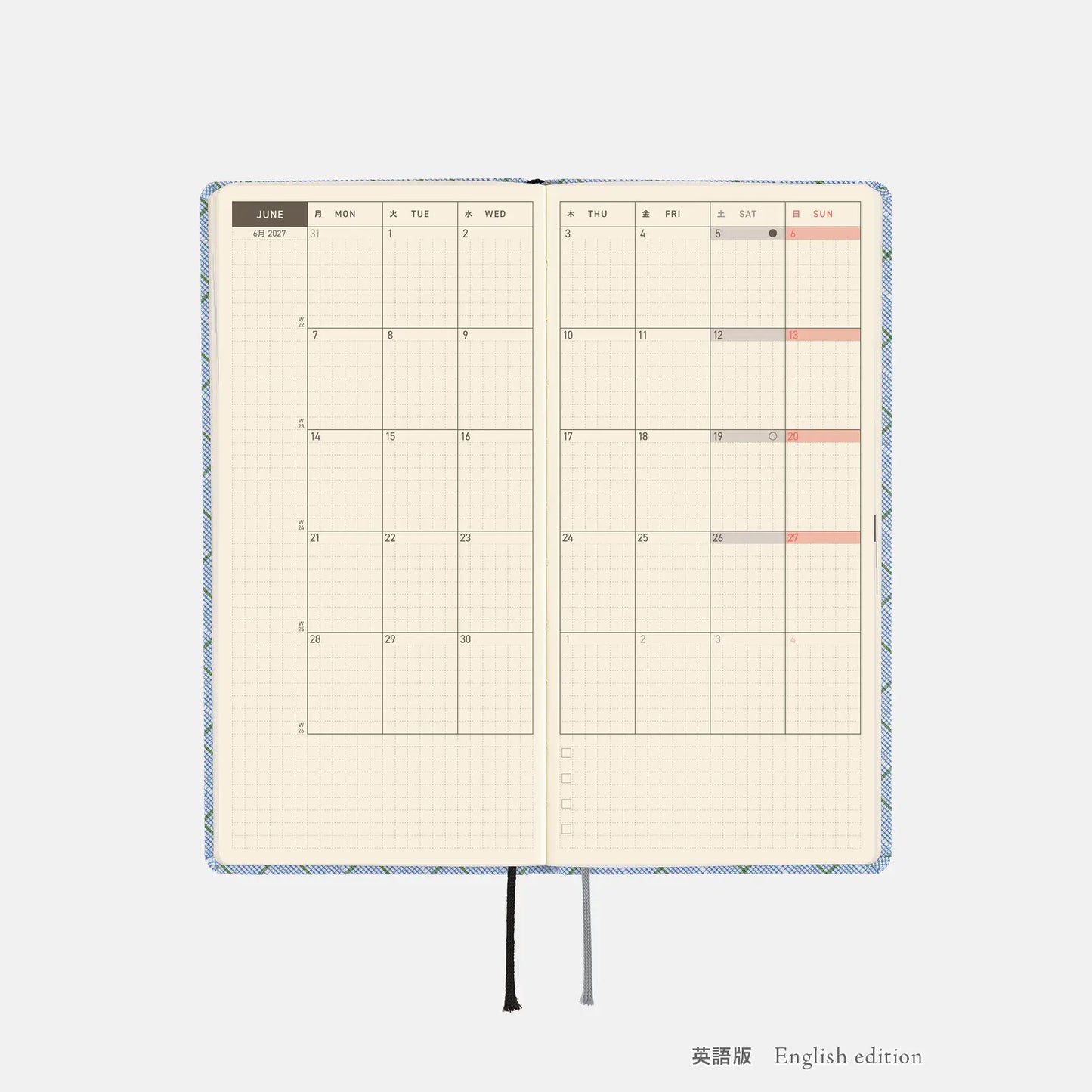 Hobonichi Techo 2027 Shirt Fabric: Graph Plaid Weeks Hardcover Book / Weekly Horizontal / Jan start / Mon start - English Edition