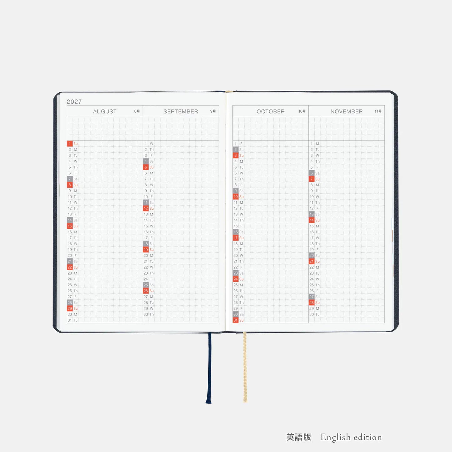 Hobonichi Techo 2027 : Slash (Navy) HON / A6 Size / Daily / Jan start / Mon start - English Edition