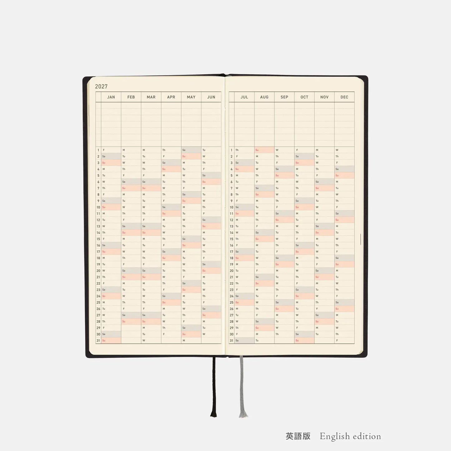 Hobonichi Techo 2027 White Line: Black Weeks Softcover Book / Weekly Horizontal / Jan start / Mon start - English Edition