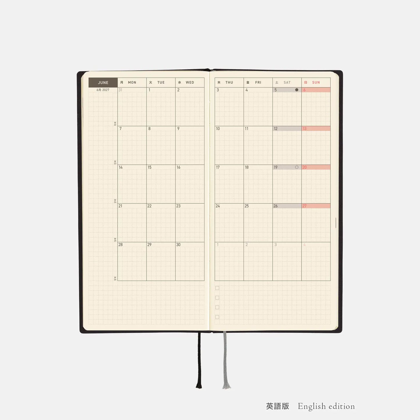 Hobonichi Techo 2027 White Line: Black Weeks Softcover Book / Weekly Horizontal / Jan start / Mon start - English Edition