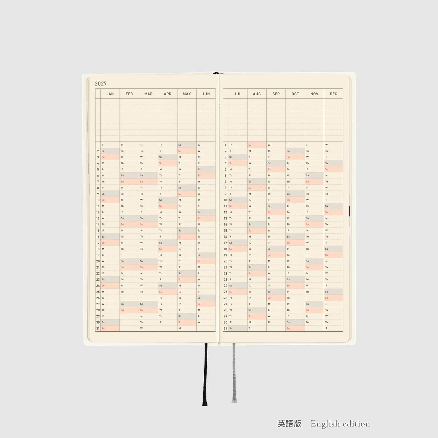 Hobonichi Techo 2027 White Line: Ivory Weeks Softcover Book / Weekly Horizontal / Jan start / Mon start - English Edition