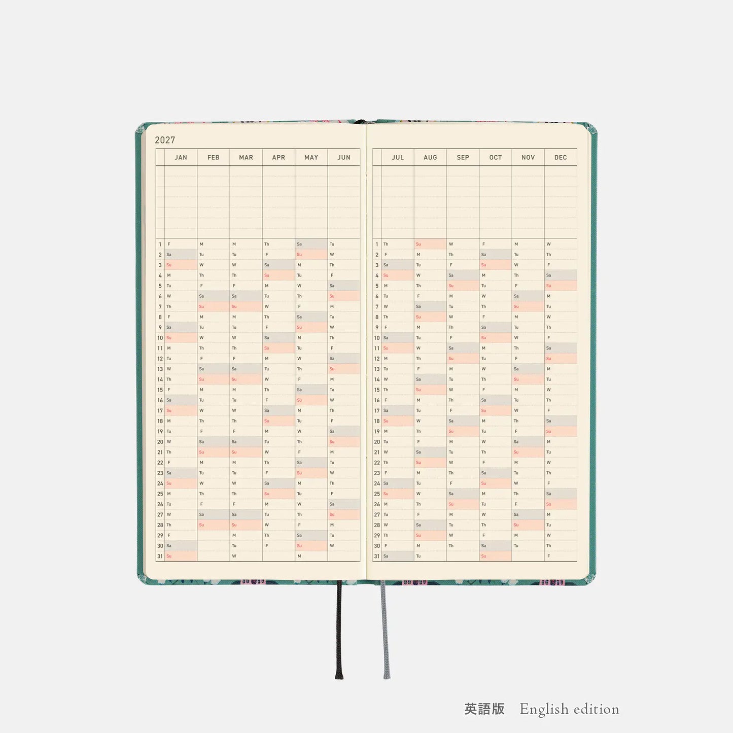 Hobonichi Techo 2027 Yumi Kitagishi: White Cat Wallpaper Weeks Hardcover Book / Weekly Horizontal / Jan start / Mon start - English Edition