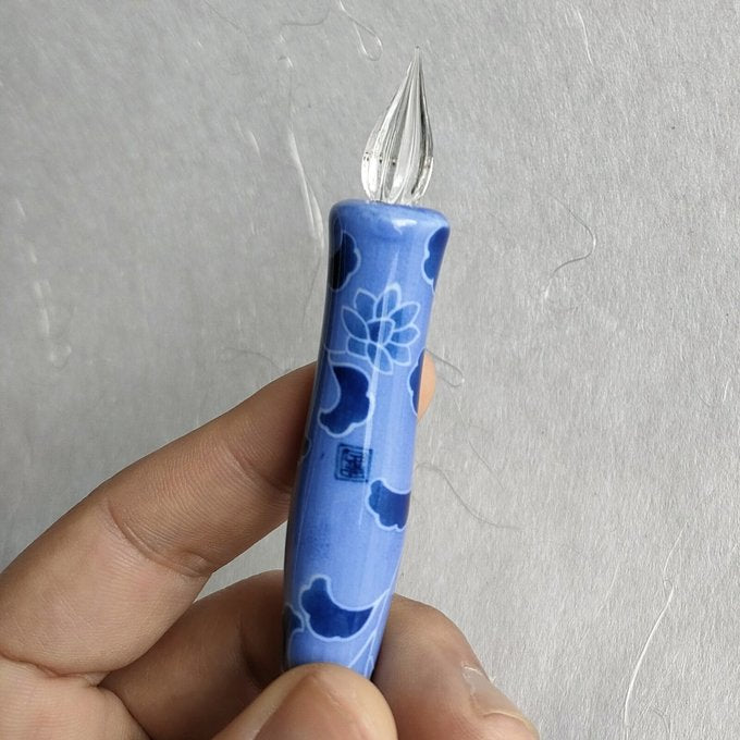 Imari Yaki(ware) Body Glass Dip Pen - Blue Flower Pattern -, Japanese glass dip pen
