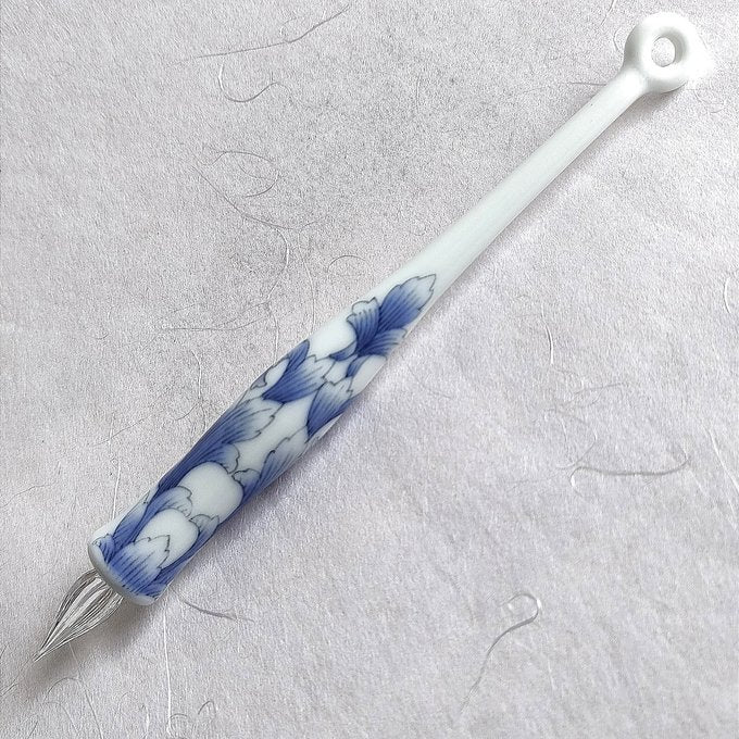 Imari Yaki(ware) Body Glass Dip Pen - White and Blue Flower Pattern -, Japanese glass dip pen