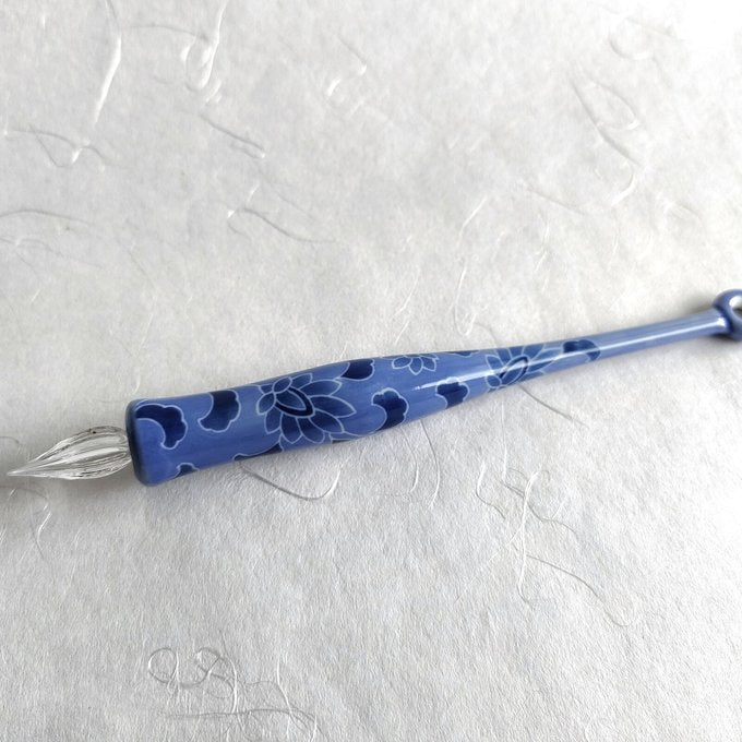 Imari Yaki(ware) Body Glass Dip Pen - Blue Flower Pattern -, Japanese glass dip pen