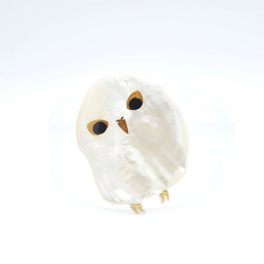 Maki-e Urushi Lacquer Brooch - White South Sea Pearl Shell / Owl -, Traditional Japanese Urushi Lacquer Jewelry