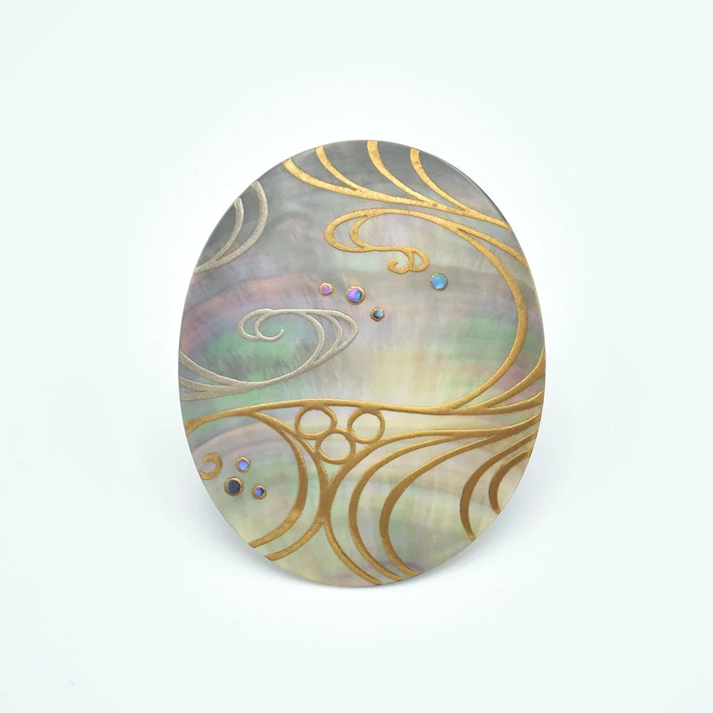Maki-e Urushi Lacquer Brooch - Black Lip Oyster Pearl Shell / Flowing Water -, Traditional Japanese Urushi Lacquer Jewelry