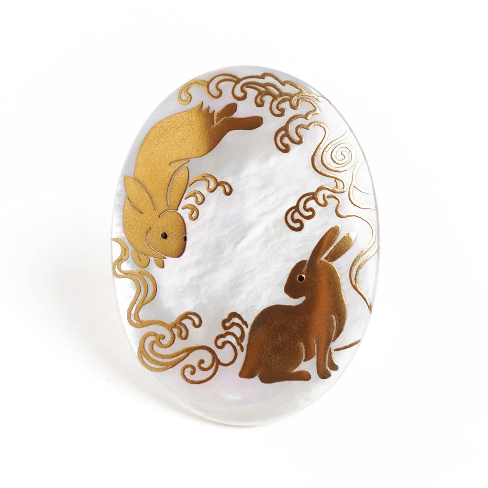 Maki-e Urushi Lacquer Brooch - White South Sea Pearl Shell / Rabbit and Wave -, Traditional Japanese Urushi Lacquer Jewelry
