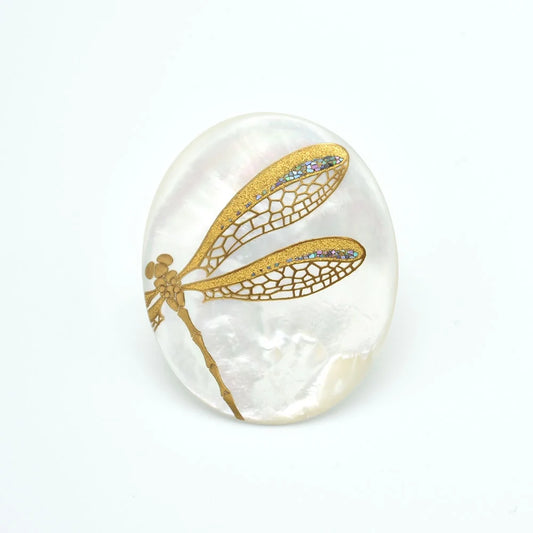 Maki-e Urushi Lacquer Brooch - White South Sea Pearl Shell / Dragonfly -, Traditional Japanese Urushi Lacquer Jewelry